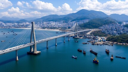 Panoramic View of Maritime Suspension Bridge with Cityscape and Mountains : Generative AI