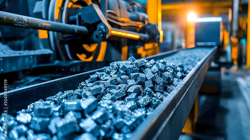 Poster automated conveyor belts moving rows of metallic zinc ingots along the production line for packaging