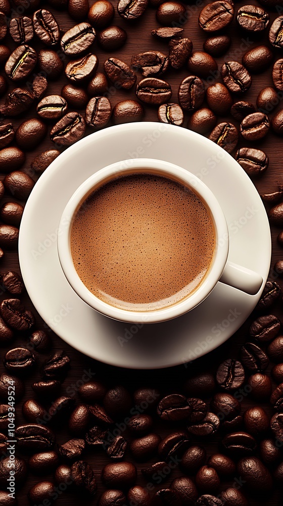 Poster top view of freshly brewed espresso in white cup surrounded by roasted coffee beans : generative ai