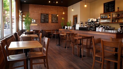 Warm and Welcoming Empty Cafe Interior with Brick Walls and Cozy Wooden Furniture : Generative AI