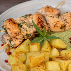 Barbecued salmon skewer with potatoes and broccoli Puree, High quality photo