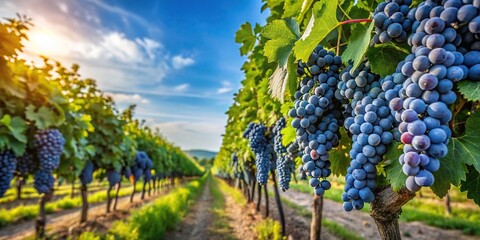 Naklejka premium ripe blue wine grape bunch with lush foliage growing on bushes at vineyard in summer Wide-Angle