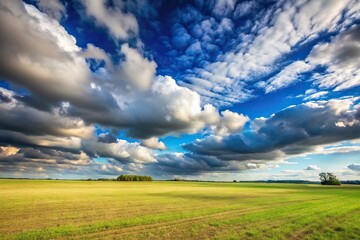 Scenic wide-angle view of a large open field under a cloudy sky