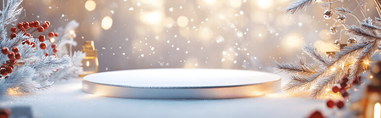 Modern luxury gold and burgundy podium platform, festive 3D holiday display for premium products. Christmas background with metallic accents, minimalist snowflakes, frosted greenery, and magical light