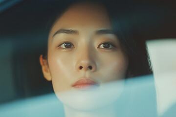 An Asian woman sitting in the passenger seat looking out through her car window