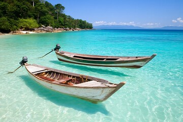 Naklejka premium Idyllic Tropical Scene with Wooden Boats on Crystal Clear Waters : Generative AI