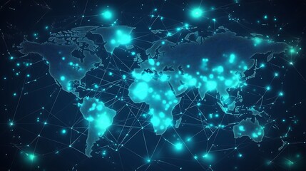 Illuminated Global Network Map Showing Connectivity Across Continents at Night : Generative AI