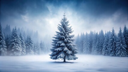 Obraz premium Symmetrical moody winter scenery with snow-covered fir tree in fog