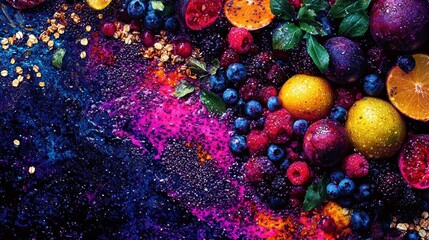 Fototapeta premium Vibrant Fruits on Dark Background with Colorful Splashes