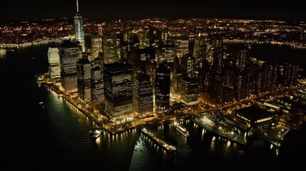 Obraz premium Nighttime Aerial View of City Skyline with Lights