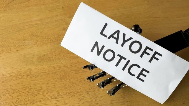 A robotic hand holds a "Layoff Notice" paper on a wooden surface, symbolizing the intersection of technology and employment challenges in the modern workplace.