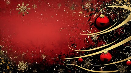 Ornamental Christmas Background with Red Baubles and Intricate Gold Swirling Patterns : Generative AI