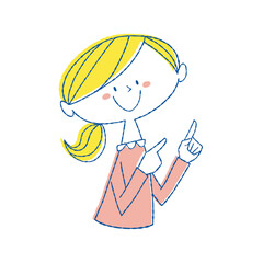 両手で上方を指さす笑顔の女性