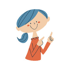 両手で上方を指さす笑顔の女性。レトロタッチのイラスト。