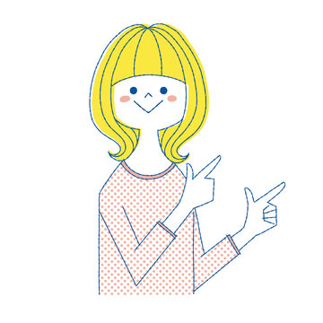 recommend clip art: 両手で指さしをする笑顔の若い女性