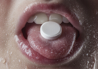 Obraz premium Close-Up View of a Tablet Pill Positioned on the Tongue Awaiting Consumption