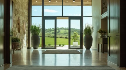 Fototapeta premium Modern Entryway with Glass Doors and a View of Green Hills