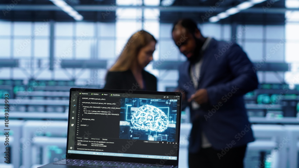 Fototapete close up of laptop with ai technology used to sustain data center hardware. focus on notebook used b