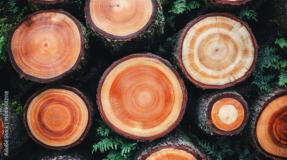 Poster Assorted CrossSections of Rustic Timber Logs Decorated with Lush Greenery : Generative AI