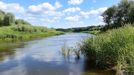 Obraz premium Idyllic River with Reeds and Tranquil Clouds in Pristine Rural Natural Environment : Generative AI