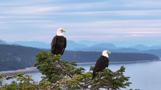 Bald Eagle's sit on a tree with mountainous view