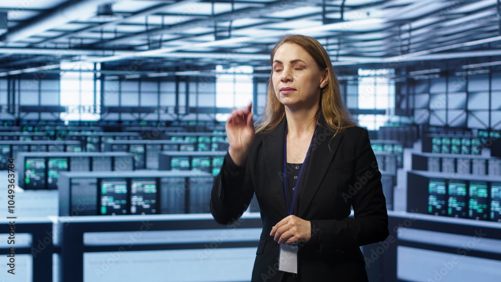 Poster software developer looking at holograms in data center, monitoring infrastructure. woman in server r