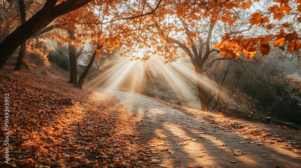 Poster sunlit autumn forest pathway with golden leaves and beaming light : generative ai