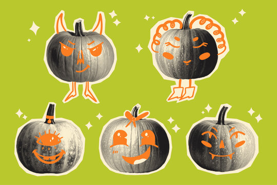Playful halftone pumpkins with hand-drawn doodle faces. Retro pop art set. Vintage mixed media collage. A quirky, fun, and vibrant design perfect for Halloween decor, cards, or party invitations.