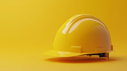 A 3D rendering of a yellow construction hard hat set against a matching yellow background. This minimalist illustration emphasizes the theme of safety and head protection in construction
