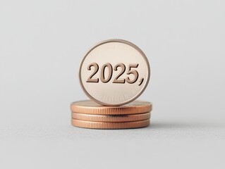 Abstract coin stack labeled "2025," representing steady financial growth and savings management in the new year