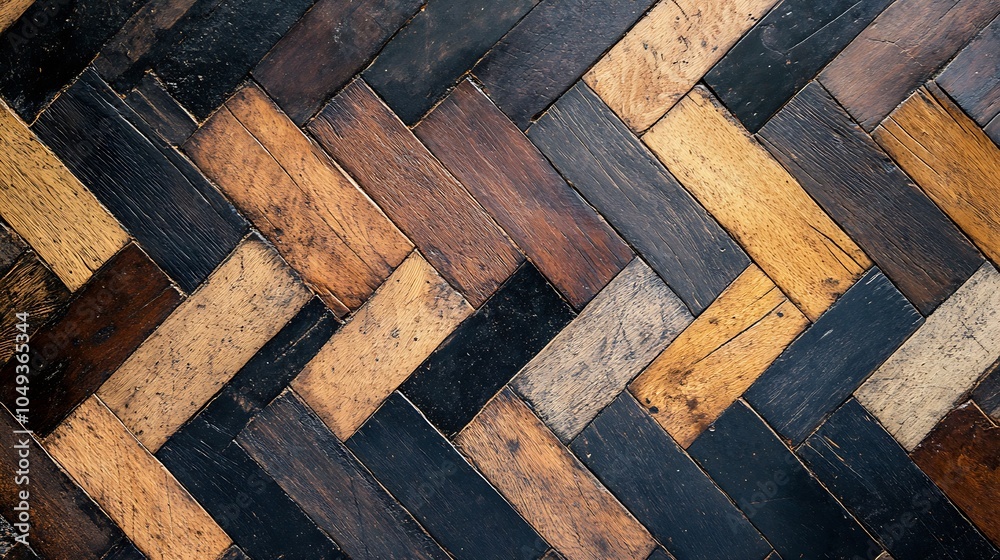 Poster wooden parquet floor with varied color planks in chevron pattern for rustic interior design : genera