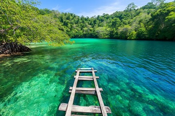 Picturesque Wooden Pier Leading into Vibrant Turquoise Lagoon in Tropical Nature : Generative AI