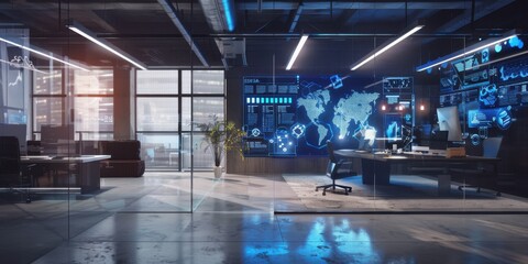 High-tech control room filled with advanced holographic screens displaying world data and futuristic analytics. Perfect for technology, cybersecurity, and data visualization concepts , AI-generated