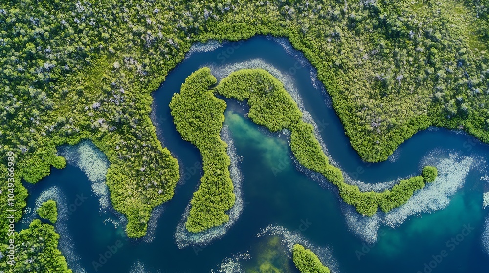 Poster Aerial View of Winding River Through Lush Green Forest Creating Natural Patterns : Generative AI