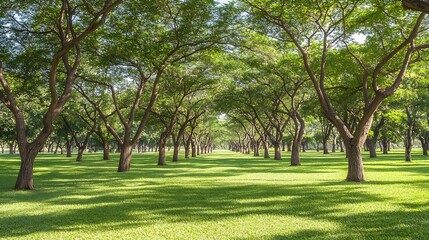 Fototapeta premium Serene pathway of tall trees in park creating peaceful natural tunnel with lush green foliage and open sky : Generative AI
