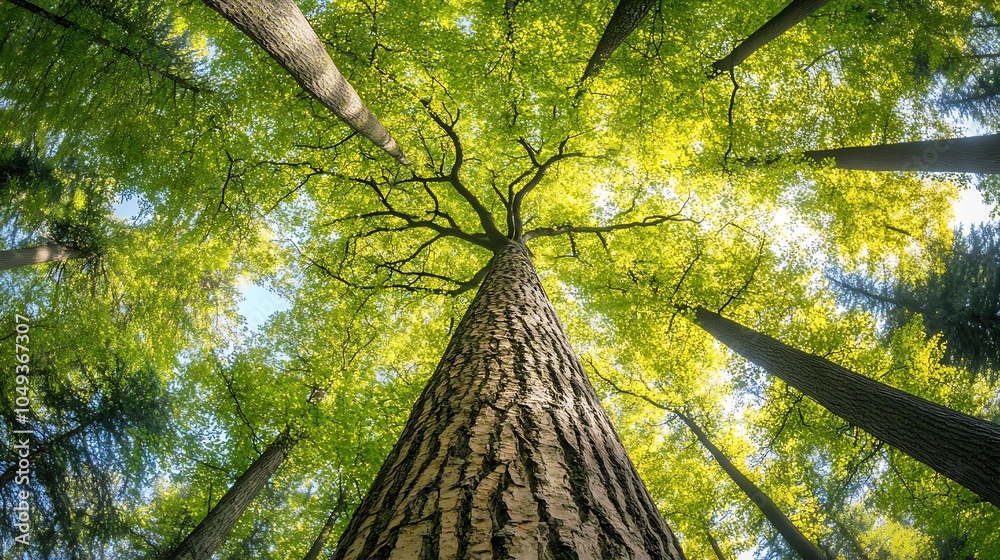 Poster breathtaking view gazing upward into lush green tree canopy with tall trunks against blue sky : gene