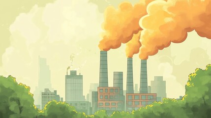 Fototapeta premium Industrial smokestacks releasing pollution over city skyline