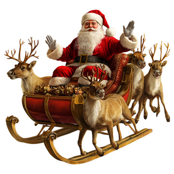 Santa Claus with Sleigh and Reindeer on Transparent Background for Festive Scenes

