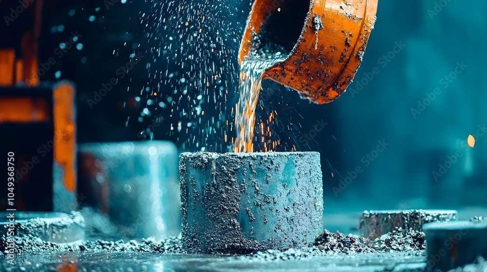 Poster molten zinc being poured into molds at an industrial smelting plant with heat energy and liquid meta