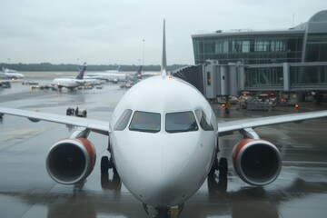 Busy airport terminal with travelers, planes and baggage handling.