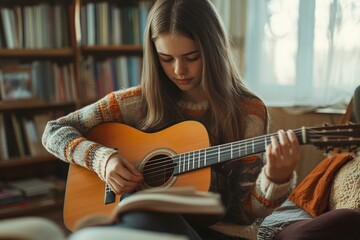 Fototapeta premium Teenage caucasian girl enjoys music while studying at home.generative ai