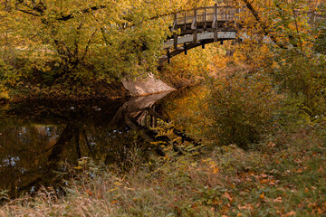 An old wooden bridge. Autumn Park. Yellow leaves on trees