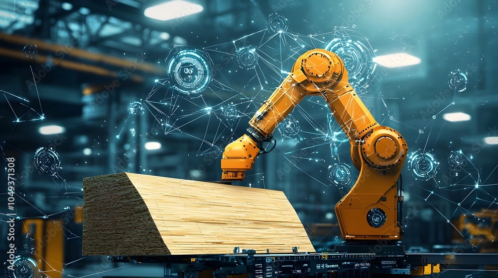 Aufkleber Robotic arm effortlessly stacking plywood sheets in a modern high tech factory environment showcasing the advancements in automation and industrial processes  The image depicts a scene of efficient