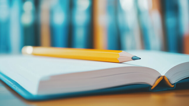 A yellow pencil lies atop an open notebook on a wooden desk, inviting thoughts and creativity in a tranquil setting