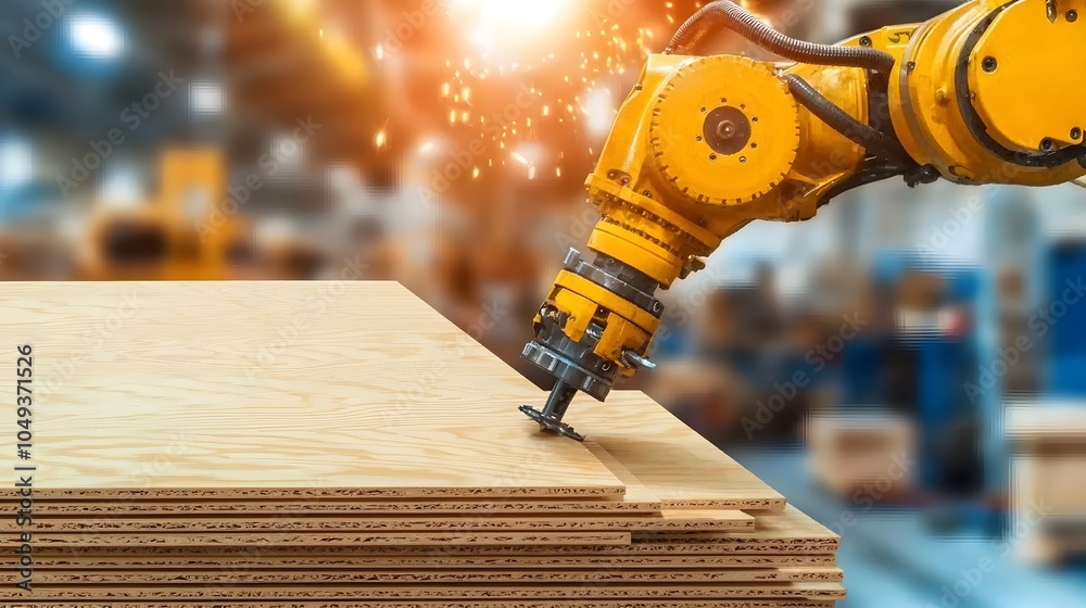Leinwandbilder robotic arm skillfully stacking plywood sheets in an automated industrial factory setting showcasing