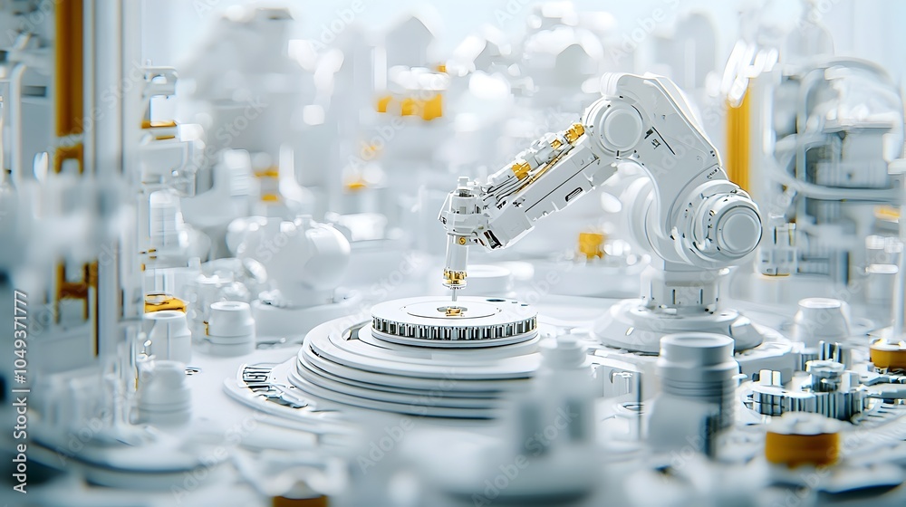 Poster robotic industrial automation system assembling zinc coated automotive parts in a modern high tech m