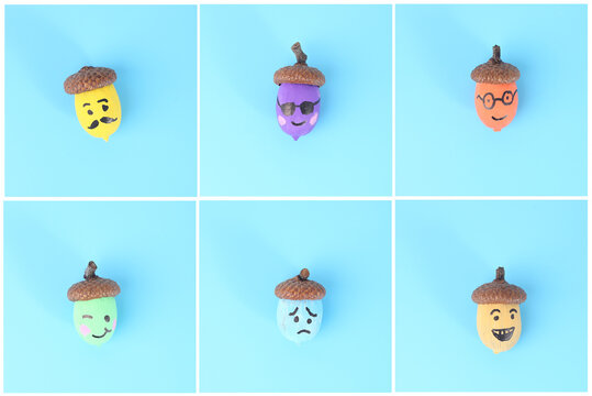 six acorns, each painted with different colors and facial expressions. The acorns are arranged in a 3x2 grid on a light blue background.