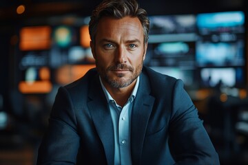 Obraz premium A professional journalist is seated behind a news desk in a modern news studio. Generative AI