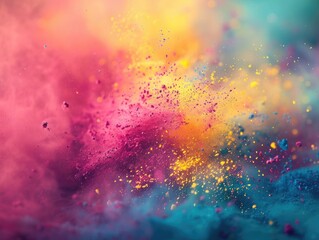 Vibrant clouds of colored powders create an explosion of color during a festival celebration at sunset