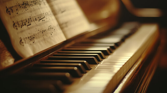 Piano keys glisten softly while sheet music rests nearby, inviting melodies in a cozy, illuminated space